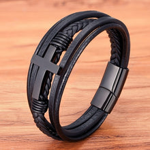 Lade das Bild in den Galerie-Viewer, Luxus mehrfarbiges Kreuz Design klassisches Edelstahl Herren Lederarmband