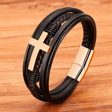 Lade das Bild in den Galerie-Viewer, Luxus mehrfarbiges Kreuz Design klassisches Edelstahl Herren Lederarmband