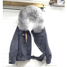 Lade das Bild in den Galerie-Viewer, Plüsch gepolsterte Jeansjacke mit großem Kunstpelzkragen