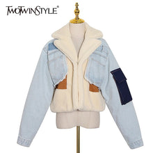 Lade das Bild in den Galerie-Viewer, TTWTWINSTYLE Lammwolle Denim Damen Revers Langarm Fransen Freizeitjacke