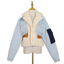 Lade das Bild in den Galerie-Viewer, TTWTWINSTYLE Lammwolle Denim Damen Revers Langarm Fransen Freizeitjacke