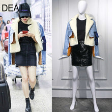 Lade das Bild in den Galerie-Viewer, DEAT Winter Schaffell Pelz Revers Full-Sleeve Denim Letter Print Mantel