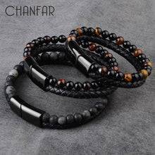 Lade das Bild in den Galerie-Viewer, Naturstein Leder geflochten schwarz Edelstahl Magnetverschluss Armband