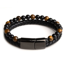 Lade das Bild in den Galerie-Viewer, Naturstein Leder geflochten schwarz Edelstahl Magnetverschluss Armband
