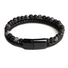 Lade das Bild in den Galerie-Viewer, Naturstein Leder geflochten schwarz Edelstahl Magnetverschluss Armband