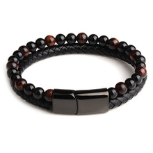 Lade das Bild in den Galerie-Viewer, Naturstein Leder geflochten schwarz Edelstahl Magnetverschluss Armband