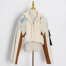 Lade das Bild in den Galerie-Viewer, TTWTWINSTYLE Lammwolle Denim Damen Revers Langarm Fransen Freizeitjacke