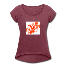 Lade das Bild in den Galerie-Viewer, Damen T-Shirt mit hochgekrempelten Ärmeln selbst gestalten und bedrucken - Bordeauxrot meliert