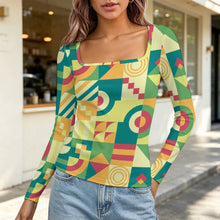 Lade das Bild in den Galerie-Viewer, Women's Square Neck Long Sleeved Shirt Green, Puzzle, Abstract Pattern
