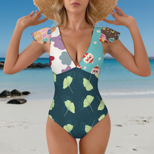 Lade das Bild in den Galerie-Viewer, Multi-Image-Druck Damen / Frauen Rüschenärmeln One-piece Swimsuit Badeanzug mit V-Ausschnitt 294340 mit Foto selbst gestalten und bedrucken
