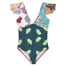 Lade das Bild in den Galerie-Viewer, Multi-Image-Druck Damen / Frauen Rüschenärmeln One-piece Swimsuit Badeanzug mit V-Ausschnitt 294340 mit Foto selbst gestalten und bedrucken
