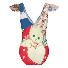 Lade das Bild in den Galerie-Viewer, Multi-Image-Druck Damen / Frauen Rüschenärmeln One-piece Swimsuit Badeanzug mit V-Ausschnitt 294340 mit Foto selbst gestalten und bedrucken
