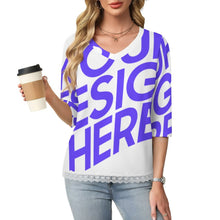 Lade das Bild in den Galerie-Viewer, Einzelbilddruck Damen / Frauen V-Ausschnitt T-Shirt mit Spitzenbesatz und halblangen Ärmeln SDS2513 mit Foto Design Motiv Text selbst gestalten und bedrucken
