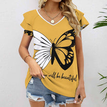 Lade das Bild in den Galerie-Viewer, Damen T-Shirt mit Rüschen &amp; LSF 50+ | V-Ausschnitt Shirt gestalten
