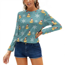 Lade das Bild in den Galerie-Viewer, Women's Long Sleeve Shirt Merry Christmas Santa Duck Snowflake Blue
