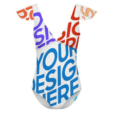 Lade das Bild in den Galerie-Viewer, Multi-Image-Druck Damen / Frauen Rüschenärmeln One-piece Swimsuit Badeanzug mit V-Ausschnitt 294340 mit Foto selbst gestalten und bedrucken
