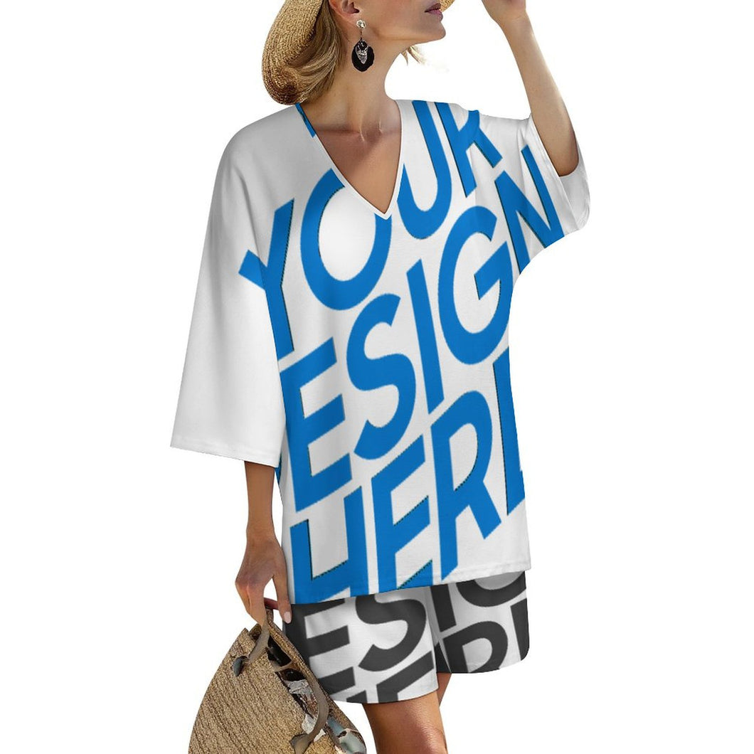 Einzelbilddruck Damen / Frauen Set aus Hemd mit V-Ausschnitt und Fledermausärmeln und Shorts mit elastischer Taille YKL07 mit Fotos Muster Text Logo selbst gestalten und bedrucken