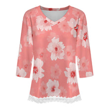 Lade das Bild in den Galerie-Viewer, Einzelbilddruck Damen / Frauen V-Ausschnitt T-Shirt mit Spitzenbesatz und halblangen Ärmeln SDS2513 mit Foto Design Motiv Text selbst gestalten und bedrucken
