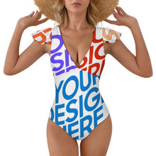 Lade das Bild in den Galerie-Viewer, Multi-Image-Druck Damen / Frauen Rüschenärmeln One-piece Swimsuit Badeanzug mit V-Ausschnitt 294340 mit Foto selbst gestalten und bedrucken
