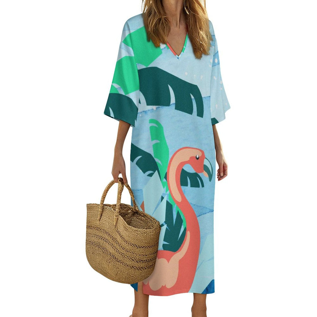 Damen Kaftan Kleid mit Foto | Langer V-Ausschnitt Kaftan aus Leinen