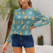 Lade das Bild in den Galerie-Viewer, Women's Long Sleeve Shirt Merry Christmas Santa Duck Snowflake Blue
