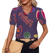 Lade das Bild in den Galerie-Viewer, Damen V-Ausschnitt T-Shirt mit Puff-Ärmeln aus strukturiertem Small-Rib mit individuellem Druck
