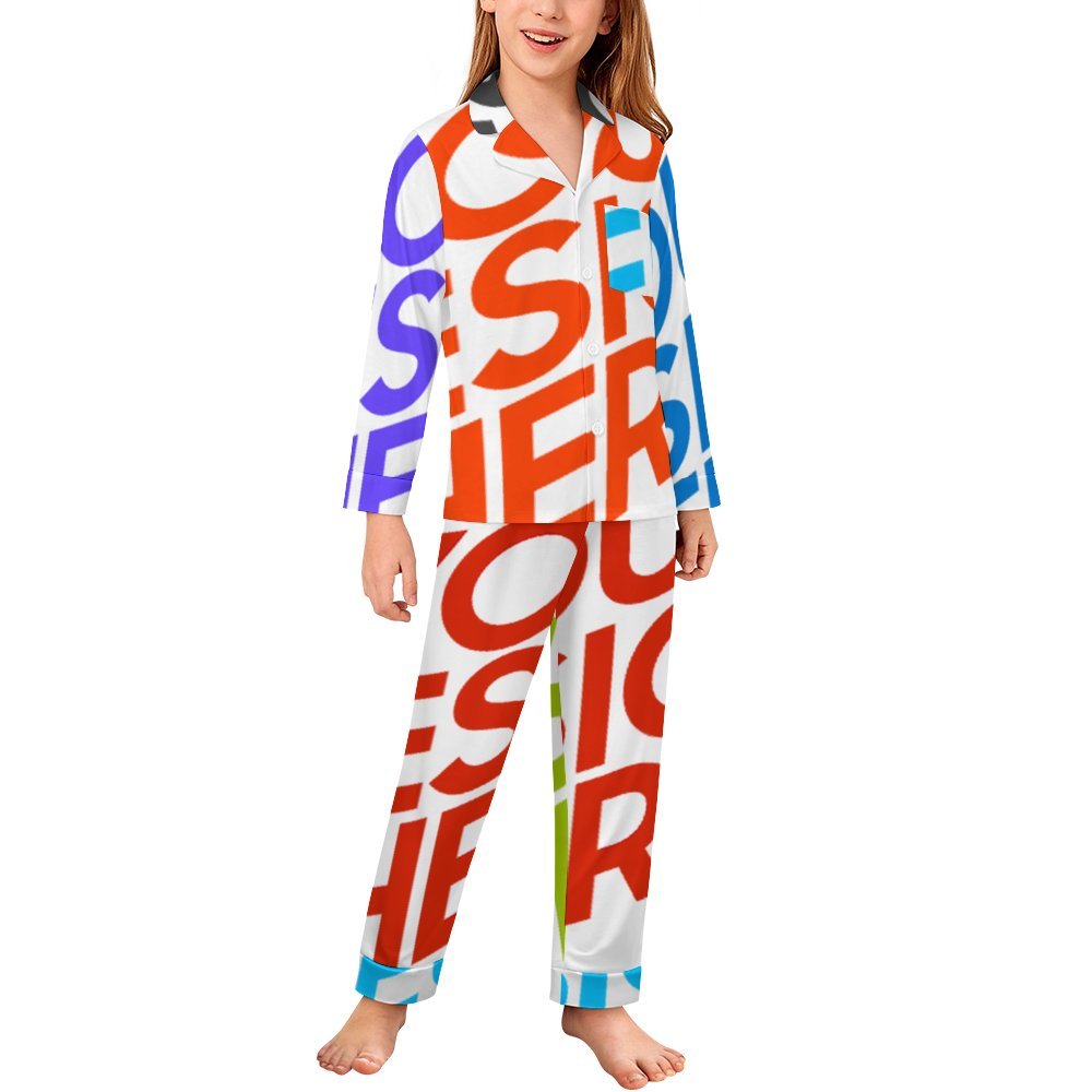 Multi-Image-Design Jungen Mädchen Kinder Pyjama langarm Schlafanzug zum knöpfen 2 tlg. mit Foto Design Motiv Text selbst gestalten und bedrucken in Karo Optik mit Knopfleiste