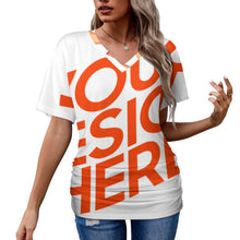 Lade das Bild in den Galerie-Viewer, Multi-Image-Druck Tshirt Frauen Kurzarmshirt mit V-Ausschnitt mit Falten Dekoration BHT mit Namen Fotos Text selbst gestalten und bedrucken
