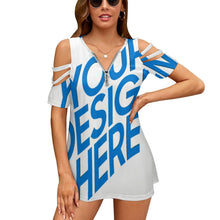 Lade das Bild in den Galerie-Viewer, T-Shirt Schulterfrei Tops Kurzarm Oberteil mit Reißverschluss für Damen Frauen mit Foto Text selbst gestalten und bedrucken
