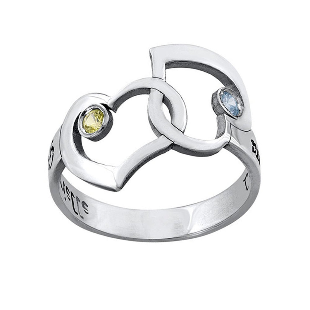 Damen / Herren Kupfer Ring Ineinandergreifender Herzring mit Gravur mit gelbem blauem Zirkonia J0004 selbst gestalten