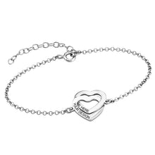 Lade das Bild in den Galerie-Viewer, 925 Sterling Silber Damen Doppeltes Herz Charm Armband S0012 mit Gravur mit 18K Gold Roségold Vergoldung Länge verstellbar selbst gestalten
