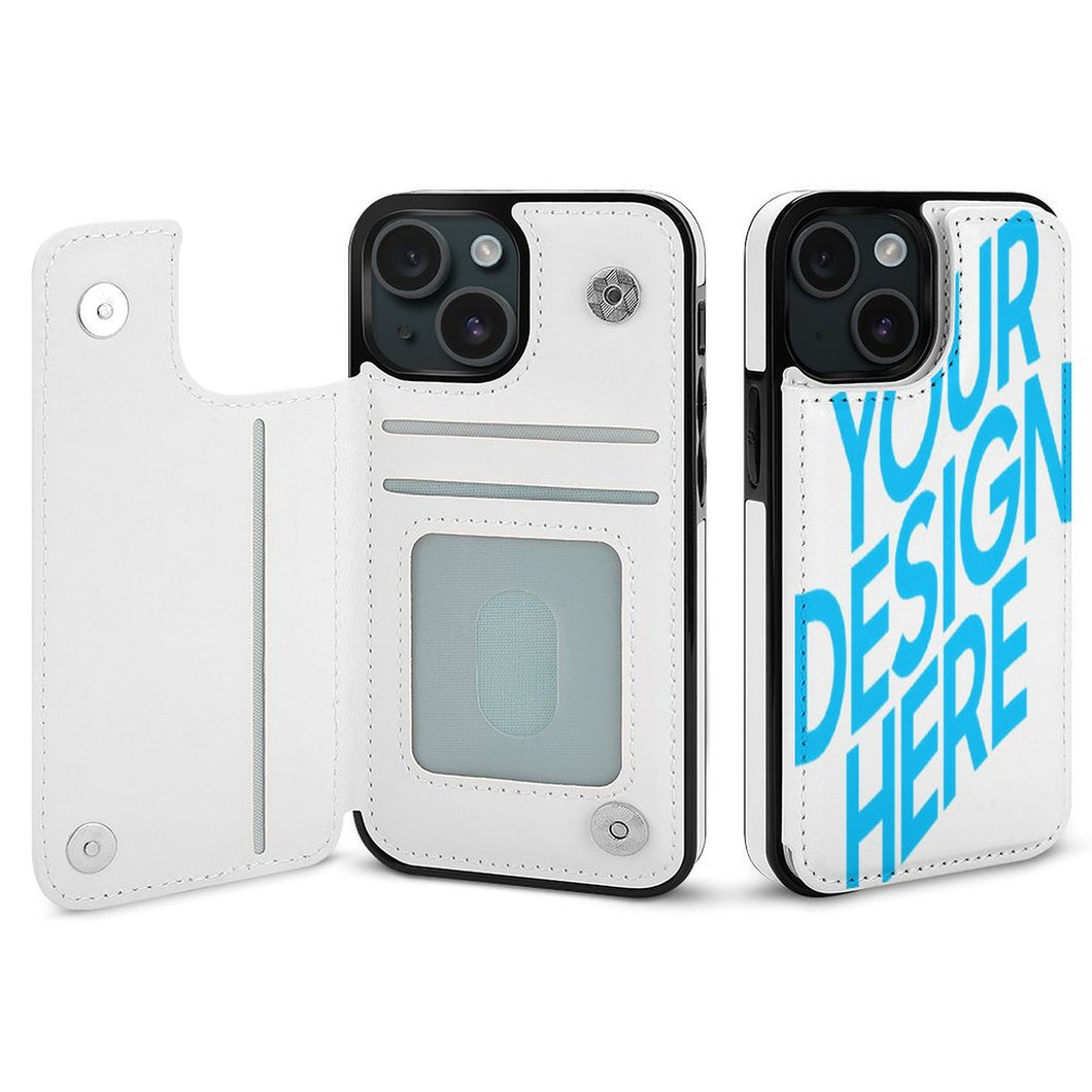 TPU Leder iPhone 15 Plus Pro Max Handyhülle Business Handytasche Kartenfach Schutzhülle mit Standfunktion zum Aufklappen aufstellbar Etui mit Foto Design Motiv Text selbst gestalten und bedrucken