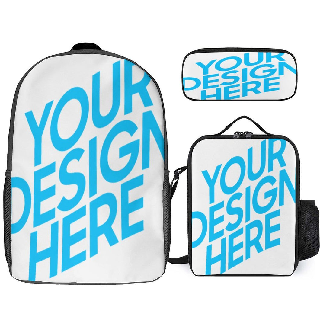 Dreiteilige Set-Kombination 17-Zoll-Rucksack + Lunchpaket + Federmäppchen mit Fotos Muster Text Logo selbst gestalten und bedrucken