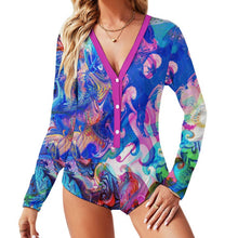 Lade das Bild in den Galerie-Viewer, Multi-Image-Druck Damen / Frauen Langarmbody Jumpsuit ALRP mit tiefem V-Ausschnitt mit Fotos Muster Text Logo selbst gestalten und bedrucken
