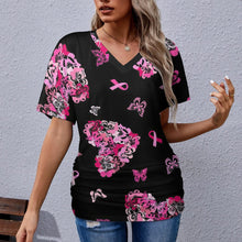 Lade das Bild in den Galerie-Viewer, Multi-Image-Druck Tshirt Frauen Kurzarmshirt mit V-Ausschnitt mit Falten Dekoration BHT mit Namen Fotos Text selbst gestalten und bedrucken
