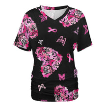 Lade das Bild in den Galerie-Viewer, Multi-Image-Druck Tshirt Frauen Kurzarmshirt mit V-Ausschnitt mit Falten Dekoration BHT mit Namen Fotos Text selbst gestalten und bedrucken
