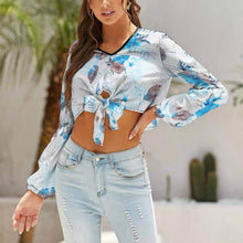 Lade das Bild in den Galerie-Viewer, Langarm Crop Shirt Knotted Tee NZ131 mit modischem Knotendetail Damen / Frauen mit Foto / Text selbst gestalten und bedrucken
