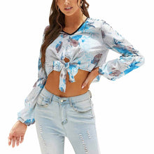 Lade das Bild in den Galerie-Viewer, Langarm Crop Shirt Knotted Tee NZ131 mit modischem Knotendetail Damen / Frauen mit Foto / Text selbst gestalten und bedrucken
