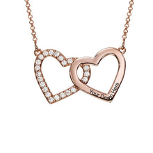 Lade das Bild in den Galerie-Viewer, Sterling Silber Halskette mit Doppelherz Diamant Anhänger mit Wunschgravur X0093 mit 18K Gold Roségold Vergoldung Länge verstellbar selbst gestalten
