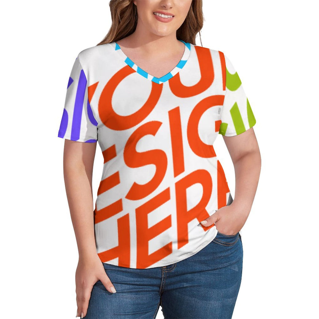 Große Größen Multi-Image-Druck Damen / Frauen T-Shirt TSHIRT kurzarm mit V-Ausschnitt NZ109 mit Fotos Muster Text Logo selbst gestalten und bedrucken