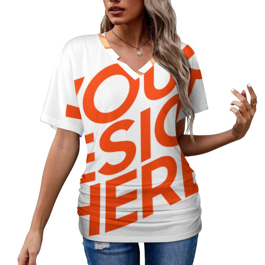 Multi-Image-Druck Tshirt Frauen Kurzarmshirt mit V-Ausschnitt mit Falten Dekoration BHT mit Namen Fotos Text selbst gestalten und bedrucken