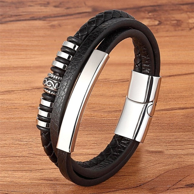 Mode Edelstahl Charm Magnetic Black Herren Armband Leder