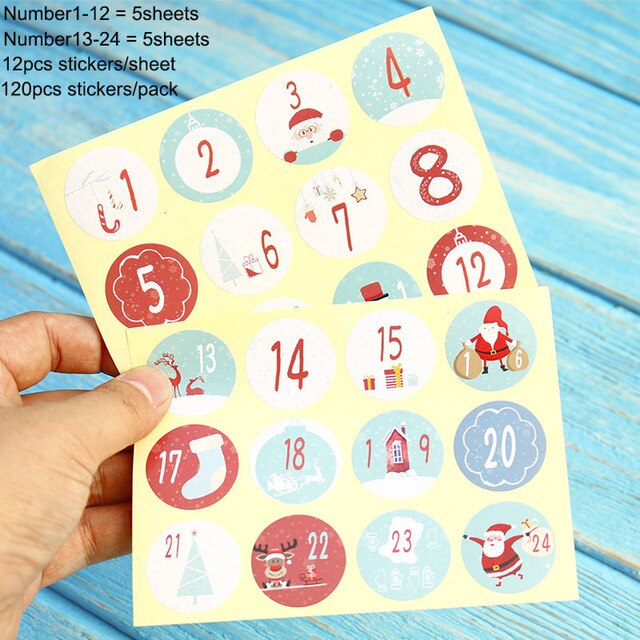 120 Stück Weihnachtskalender Nummerierter Papieraufkleber Multifunktionales DIY Geschenkverpackungsetikett