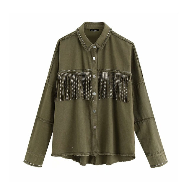 Retro Mode Quaste Perlen lose Jeansjacke Damenjacke