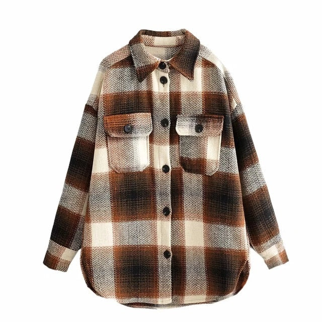Damen Langarm Wolle Dick Check Retro Jacke