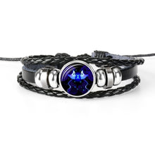 Lade das Bild in den Galerie-Viewer, Glaskuppelschmuck Sternzeichen Punk Schwarz geflochtenes Herren Lederarmband
