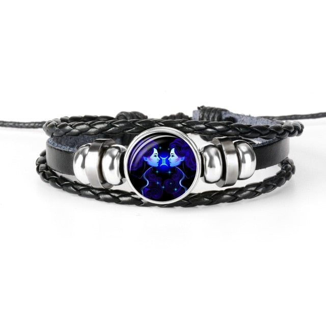 Glaskuppelschmuck Sternzeichen Punk Schwarz geflochtenes Herren Lederarmband