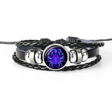 Lade das Bild in den Galerie-Viewer, Glaskuppelschmuck Sternzeichen Punk Schwarz geflochtenes Herren Lederarmband
