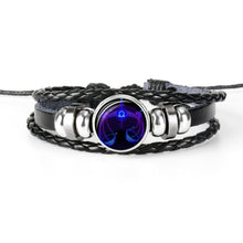 Lade das Bild in den Galerie-Viewer, Glaskuppelschmuck Sternzeichen Punk Schwarz geflochtenes Herren Lederarmband
