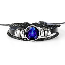 Lade das Bild in den Galerie-Viewer, Glaskuppelschmuck Sternzeichen Punk Schwarz geflochtenes Herren Lederarmband
